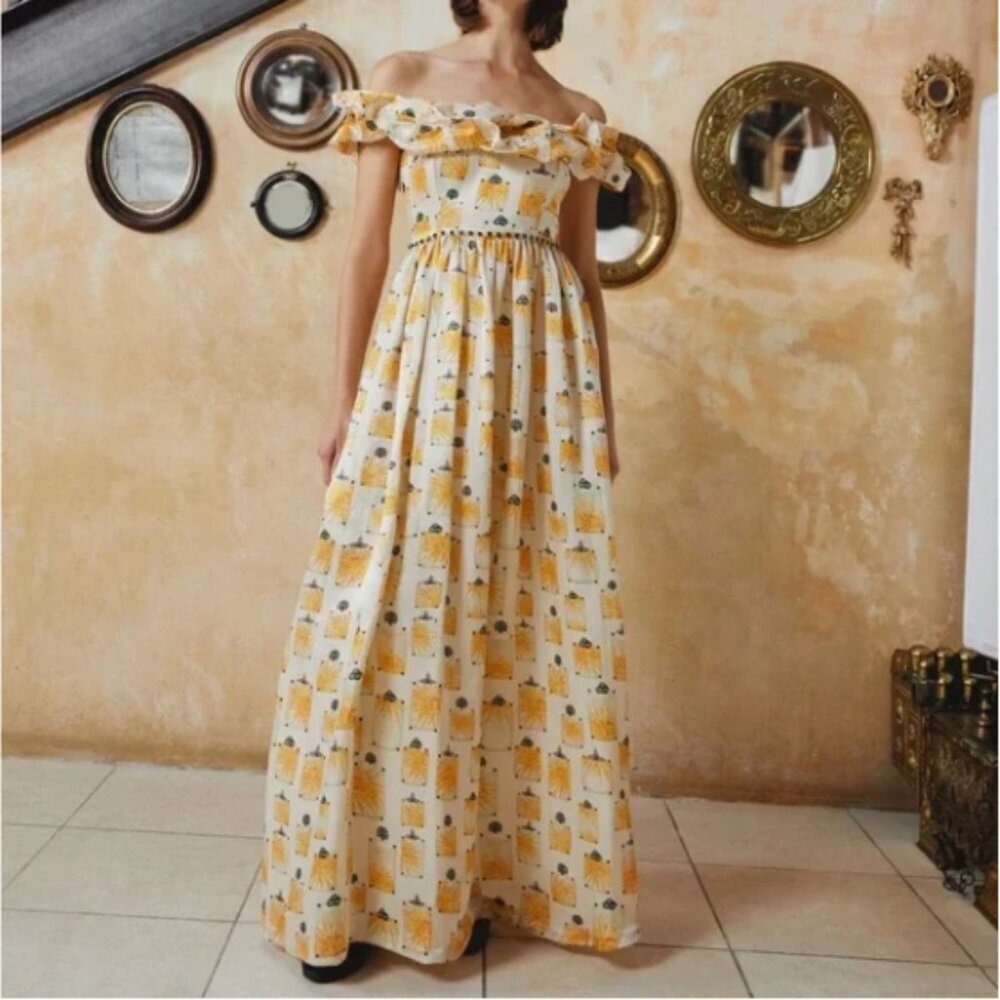 NWT Agua by Agua Bendita Espliego Bisuteria Maxi Dress Large Silk Linen Luxury - Picture 3 of 13
